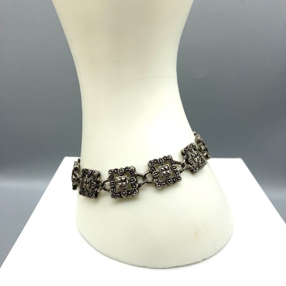 Vintage Marcasite Link Bracelet with Lacy Filigree Squares in Silver Tone - Picture 1 of 5